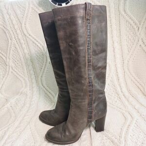 VTG Progetto Tall Boots Brown Gray Distressed Leather Croc Trim Womens 36
